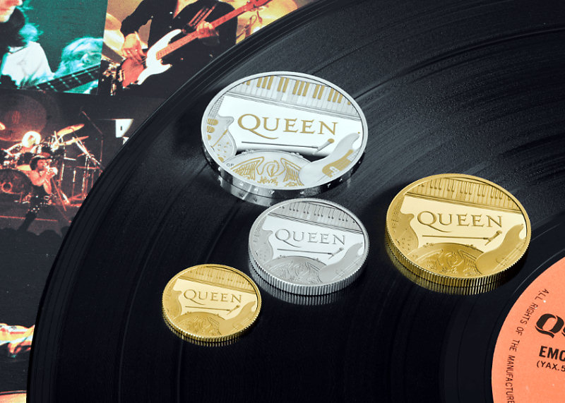 Pièces de collection britanniques à l'effigie du groupe Queen.