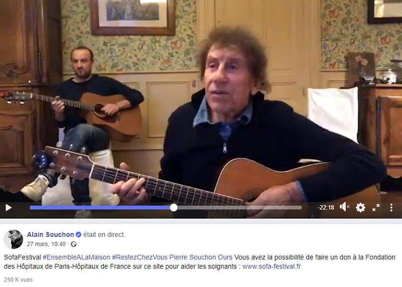 Alain Souchon était en direct par vidéo interposée, le 27 mars 2020 au Sofa Festival. 250 000 internautes ont vu ou revu sa prestation.